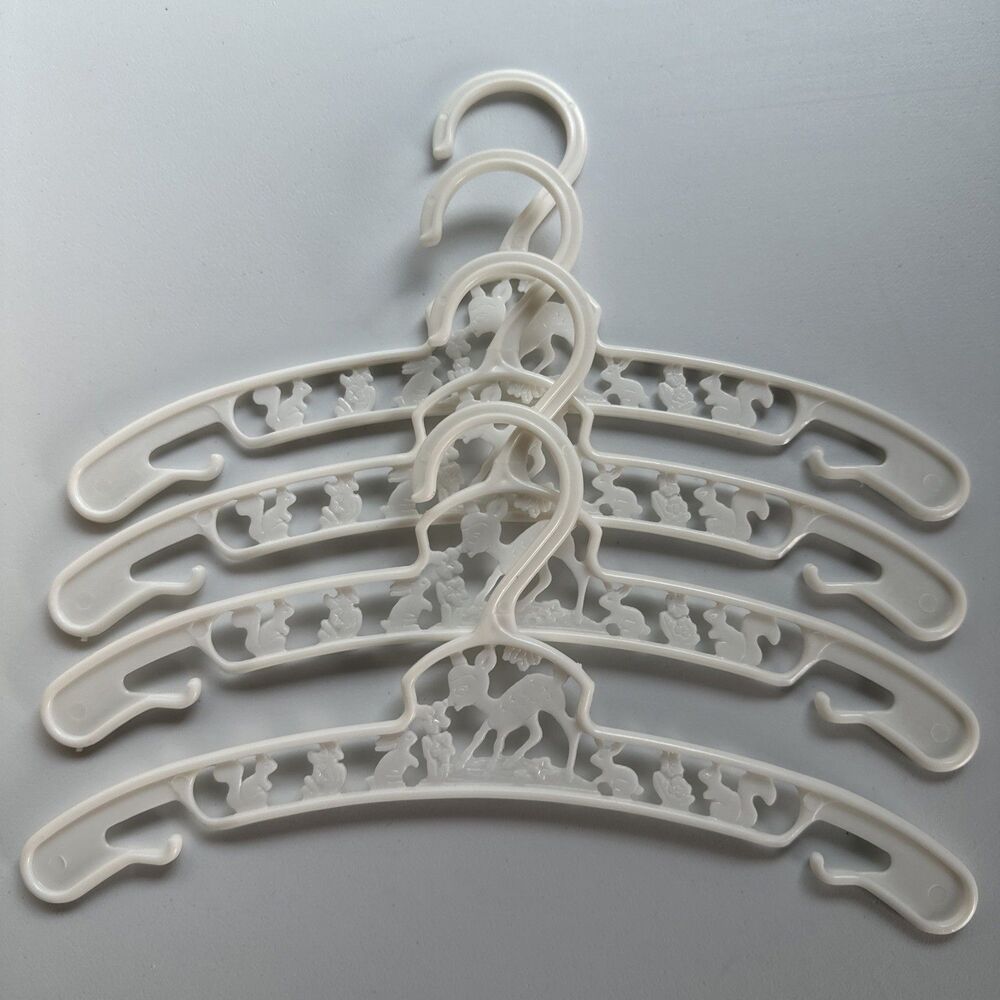 4 Vintage Baby World USA Plastic Kids Hangers - White, Bambi & Forest Friends